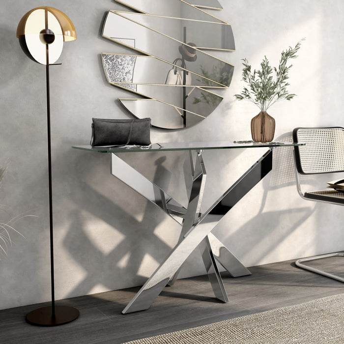 Topher Glam Glass Top and Chrome Crossed Base Sofa Table