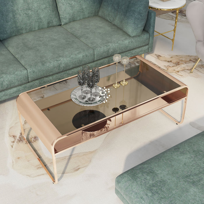 Alejandro Gold Rounded Edge Glasstop & Mirrored Shelf Coffee Table