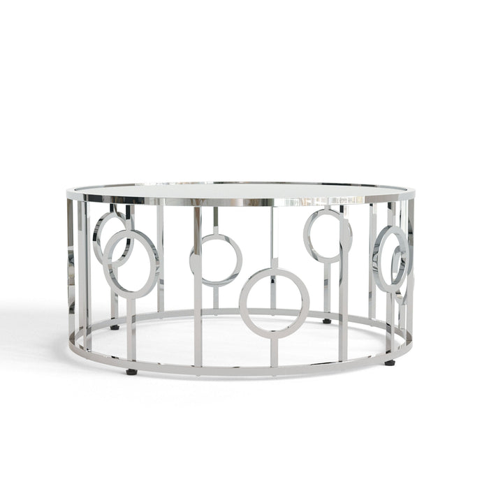 Angled contemporary chrome and mirror coffee table on a white background