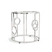 Front facing contemporary chrome and mirror end table on a white background