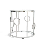 Front facing contemporary chrome and mirror end table on a white background