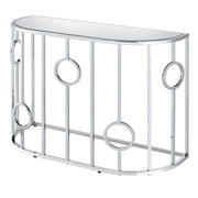 Left angled contemporary chrome and mirror console table on a white background