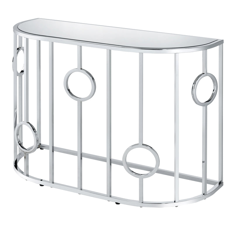 Left angled contemporary chrome and mirror console table on a white background