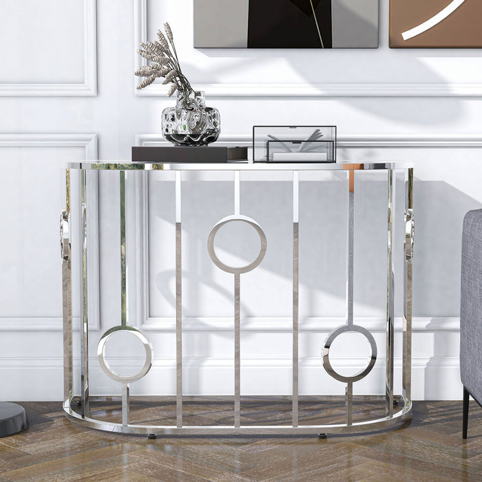 Front facing contemporary chrome and mirror console table in a living room with accessories