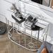 Left angled top view of a contemporary chrome and mirror console table in a living room with accessories