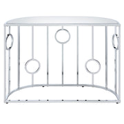 Front facing back view of a contemporary chrome and mirror console table on a white background