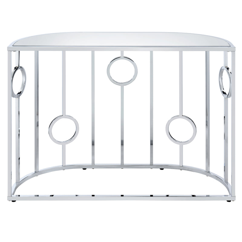 Front facing back view of a contemporary chrome and mirror console table on a white background