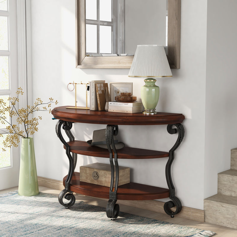 Selina Brown Cherry Finish Scrolled Leg 2-Shelf Semi-Circle Sofa Table