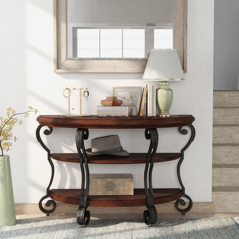 Selina Brown Cherry Finish Scrolled Leg 2-Shelf Semi-Circle Sofa Table