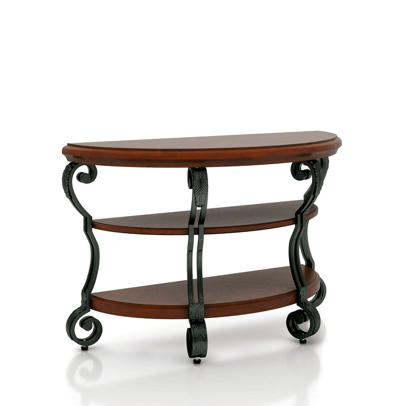 Selina Brown Cherry Finish Scrolled Leg 2-Shelf Semi-Circle Sofa Table
