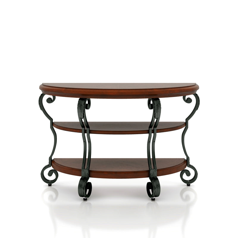 Selina Brown Cherry Finish Scrolled Leg 2-Shelf Semi-Circle Sofa Table