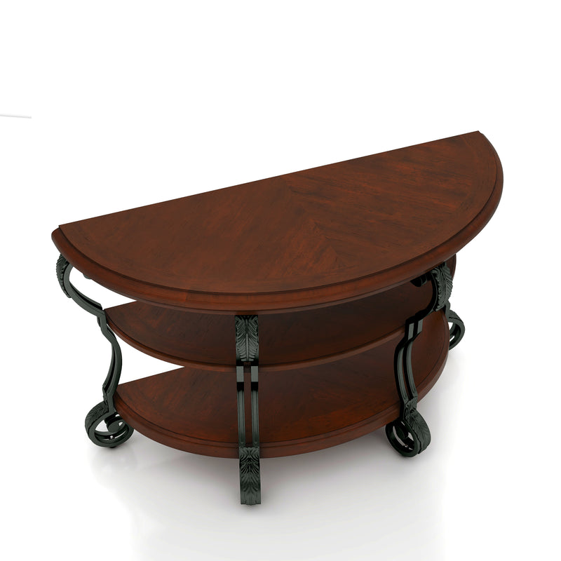 Selina Brown Cherry Finish Scrolled Leg 2-Shelf Semi-Circle Sofa Table