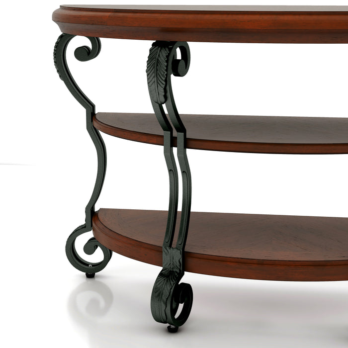 Selina Brown Cherry Finish Scrolled Leg 2-Shelf Semi-Circle Sofa Table