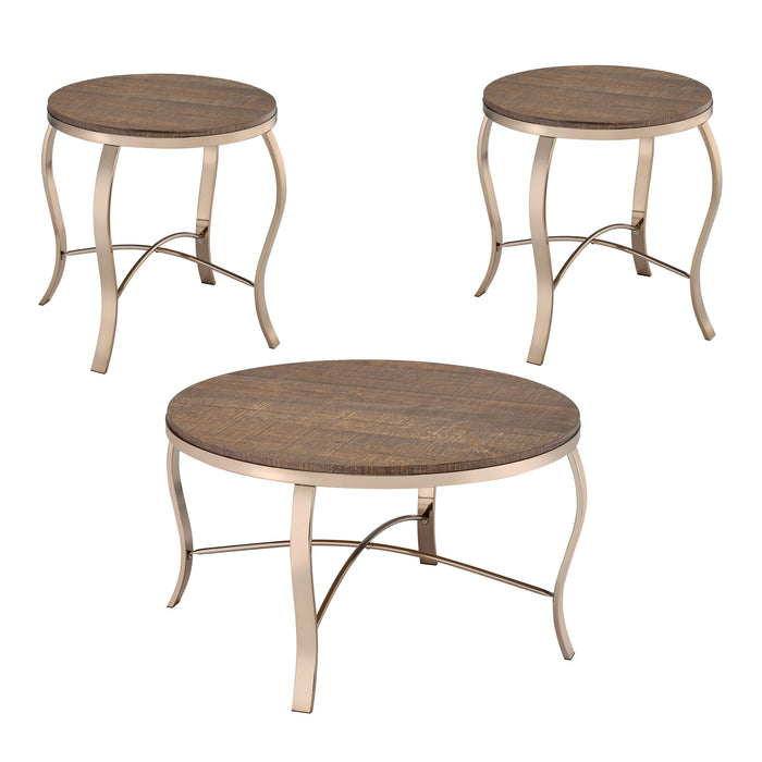 Orellia Rustic Oak On Champagne Metal 3-Piece Round Accent Table Set
