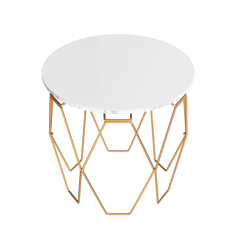 Zeeshan High Gloss White and Gold Tone Hexagon Framed Round Side Table