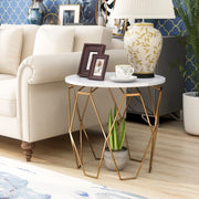 Zeeshan High Gloss White and Gold Tone Hexagon Framed Round Side Table