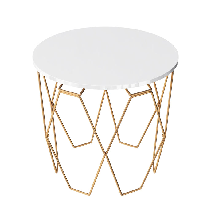 Zeeshan High Gloss White and Gold Tone Hexagon Framed Round Side Table