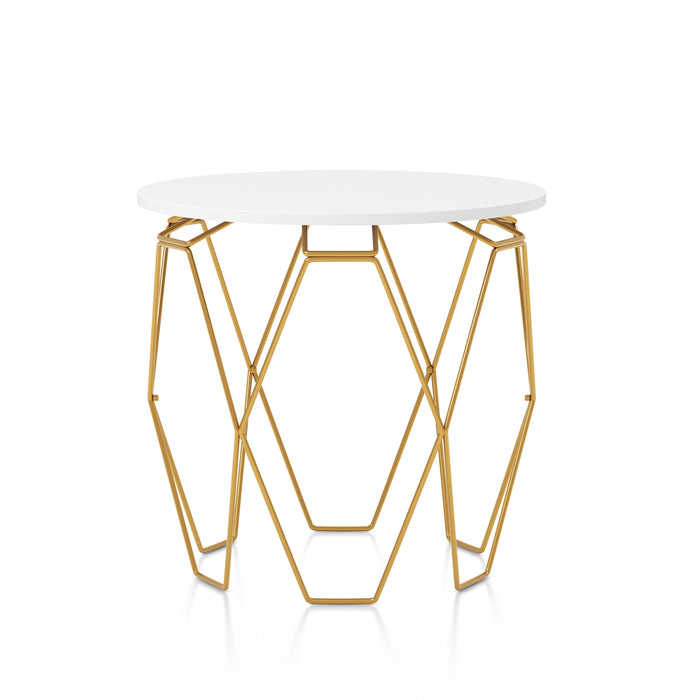 Zeeshan High Gloss White and Gold Tone Hexagon Framed Round Side Table