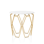 Zeeshan High Gloss White and Gold Tone Hexagon Framed Round Side Table