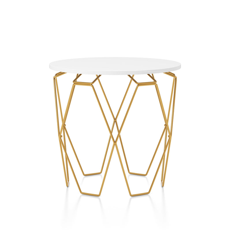 Zeeshan High Gloss White and Gold Tone Hexagon Framed Round Side Table