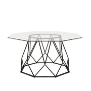 Front-facing contemporary black geometric coffee table with a octagon tempered glass top on a white background.