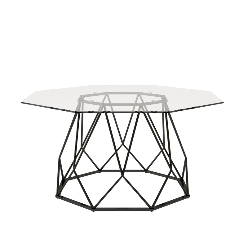 Front-facing contemporary black geometric coffee table with a octagon tempered glass top on a white background.
