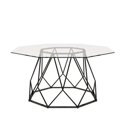 Front-facing contemporary black geometric coffee table with a octagon tempered glass top on a white background.