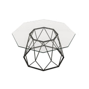 Semi-side facing contemporary black geometric coffee table with a octagon tempered glass top on a white background