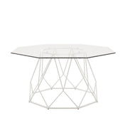 Front-facing contemporary white geometric coffee table with a octagon tempered glass top on a white background.
