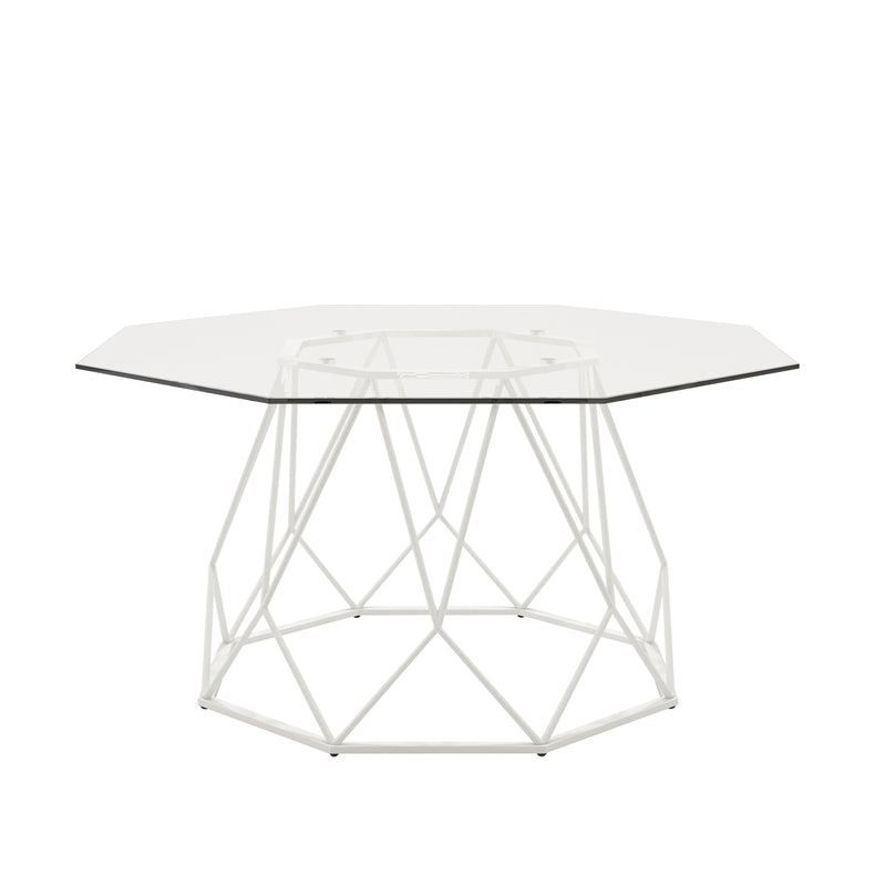 Front-facing contemporary white geometric coffee table with a octagon tempered glass top on a white background.