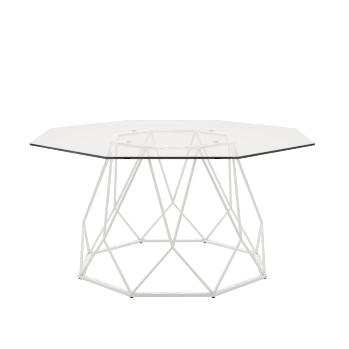 Front-facing contemporary white geometric coffee table with a octagon tempered glass top on a white background.