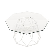 Semi-top-facing contemporary white geometric coffee table with a octagon tempered glass top on a white background