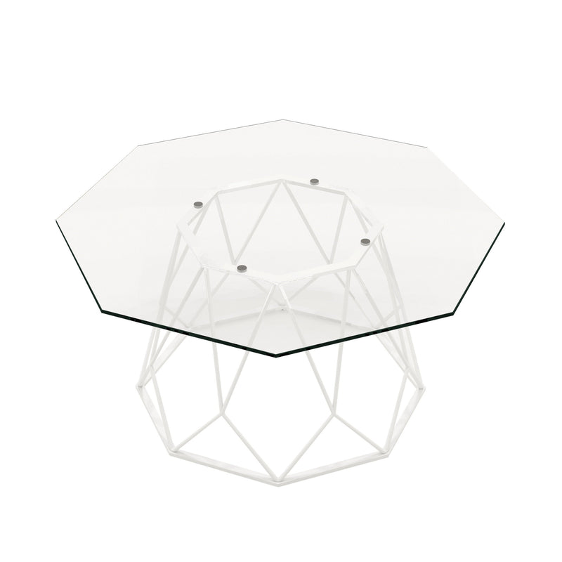 Semi-top-facing contemporary white geometric coffee table with a octagon tempered glass top on a white background