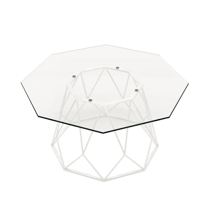 Semi-top-facing contemporary white geometric coffee table with a octagon tempered glass top on a white background