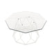Semi-top-facing contemporary white geometric coffee table with a octagon tempered glass top on a white background