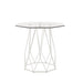 Front-facing contemporary white geometric end table with a octagon tempered glass top on a white background.