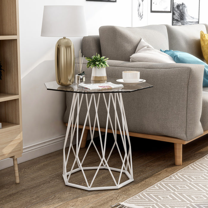 Front-facing contemporary white geometric end table with a octagon tempered glass top in living room with furnishings and accessories