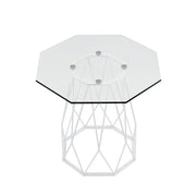 Semi-top facing contemporary white geometric end table with a octagon tempered glass top on a white background