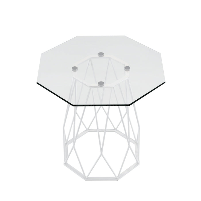 Semi-top facing contemporary white geometric end table with a octagon tempered glass top on a white background