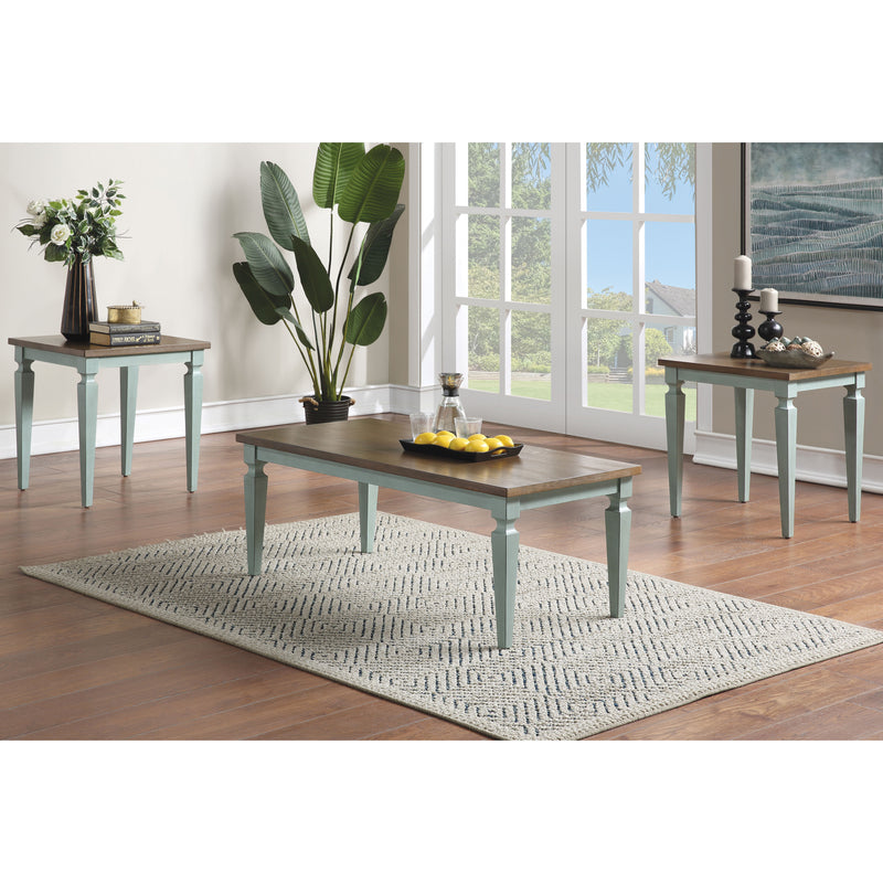 Semi-side facing view of three-piece antique blue and oak finish transitional living room set in living room with accessories