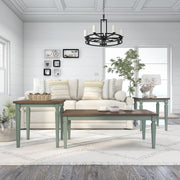 Front-facing distant view of three-piece antique blue and oak finish transitional living room set in living room with furnishings and accessories