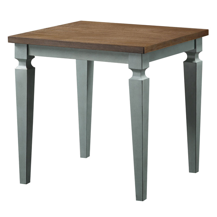 Semi-side facing view of transitional antique blue and oak finish wood end table on a white background