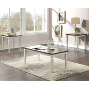 Semi-side facing view of transitional three-piece antique white and brown finish wood coffee table set in living room with accessories