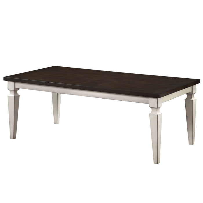 Semi-side facing view of transitional antique white and brown finish wood coffee table on a white background