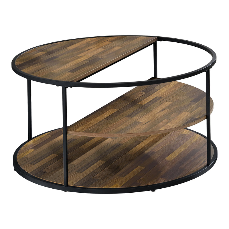 Front-facing view of contemporary round black finish steel and wood three-level coffee table on a white background