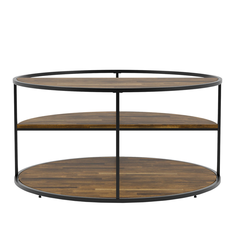 Back-facing view of contemporary round black finish steel and wood three-level coffee table on a white background