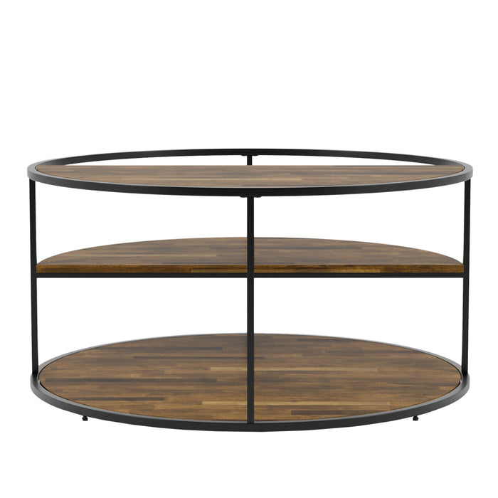 Back-facing view of contemporary round black finish steel and wood three-level coffee table on a white background