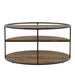 Back-facing view of contemporary round black finish steel and wood three-level coffee table on a white background