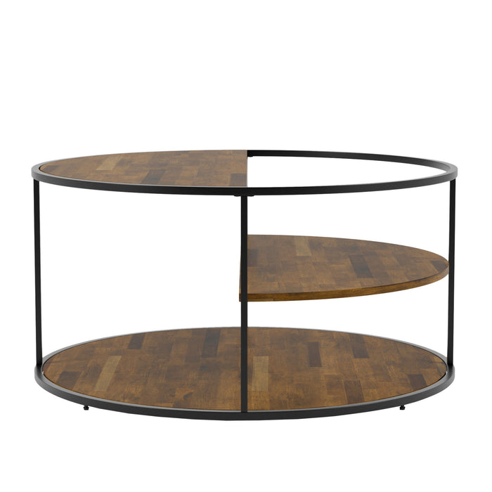 Front-facing view of contemporary round black finish steel and wood three-level coffee table on a white background