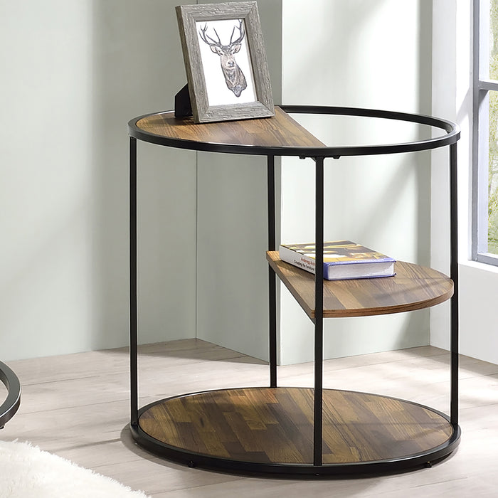 Front-facing urban black and wood grain round end table in a living room with accessories